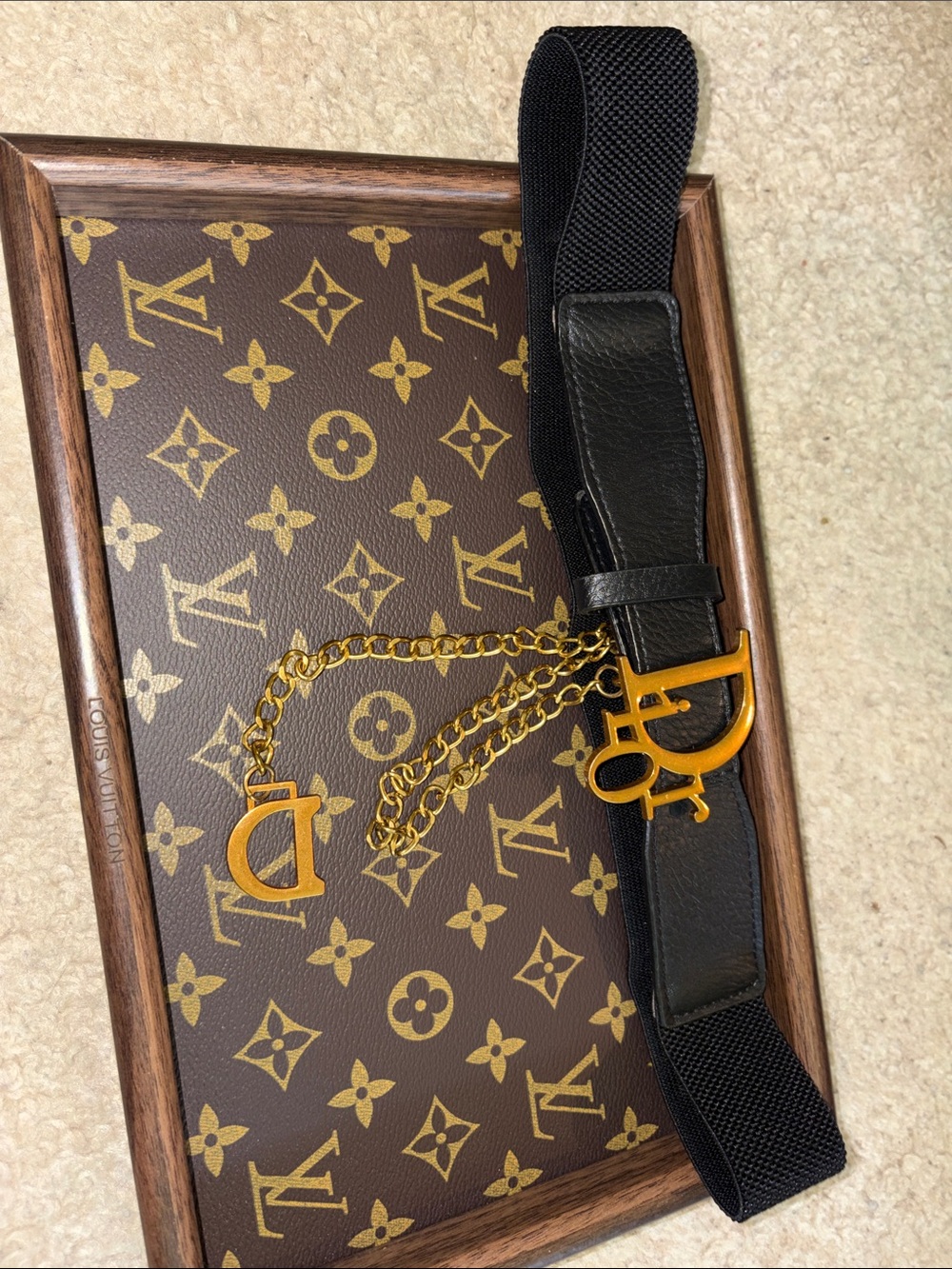 Inspired Black Elastic Belt with Gold Chain Charms